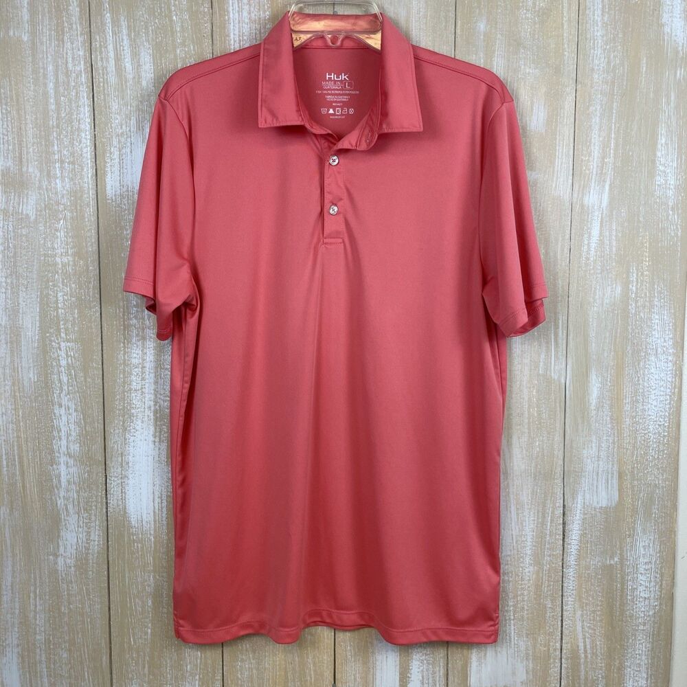 Huk Pursuit Mens Polo Size Large Coral Pink Short Sleeve Fishing Shirt